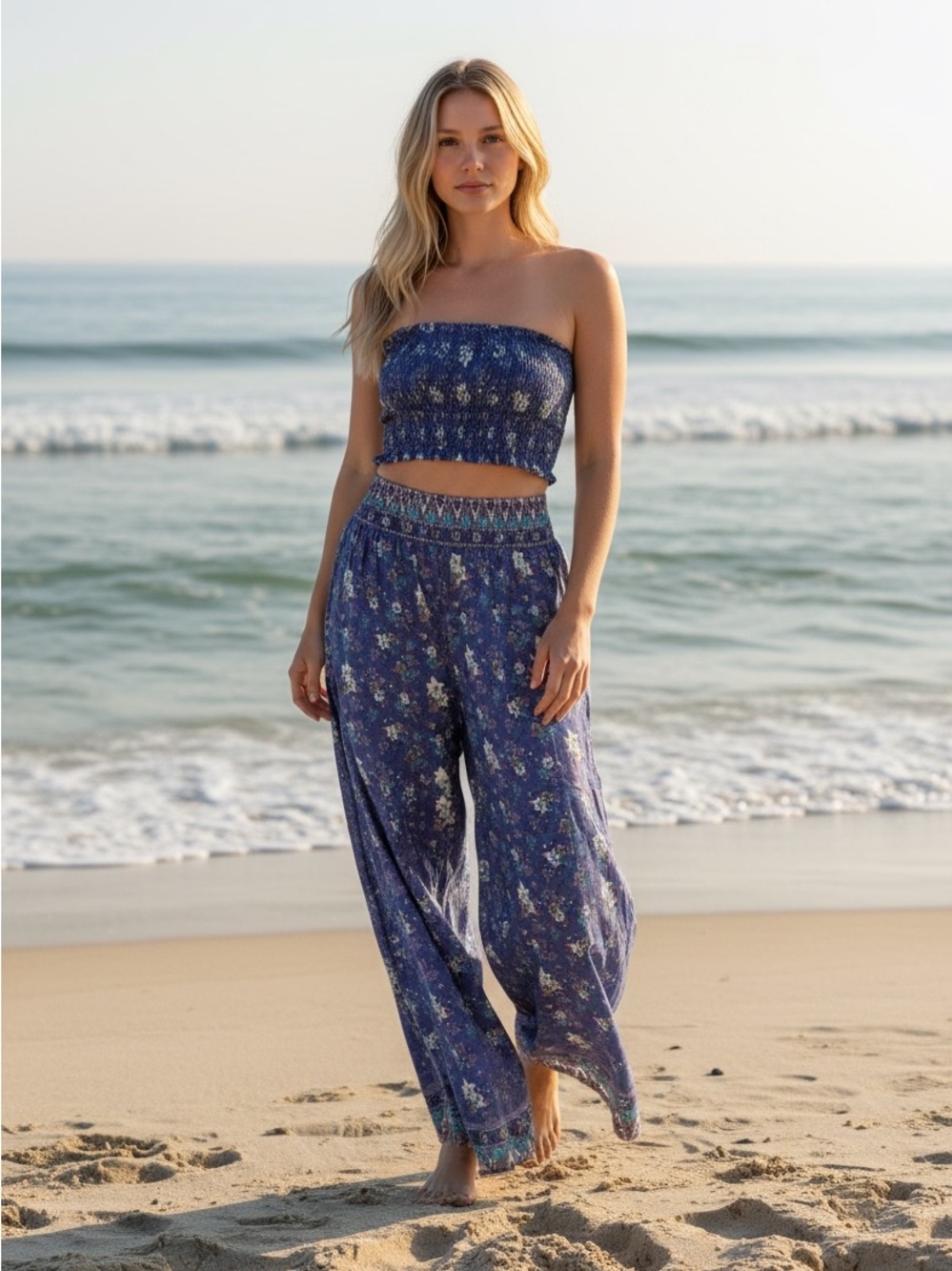Womens Blue Floral Smocked Tube Top & Wide-Leg Pants Set